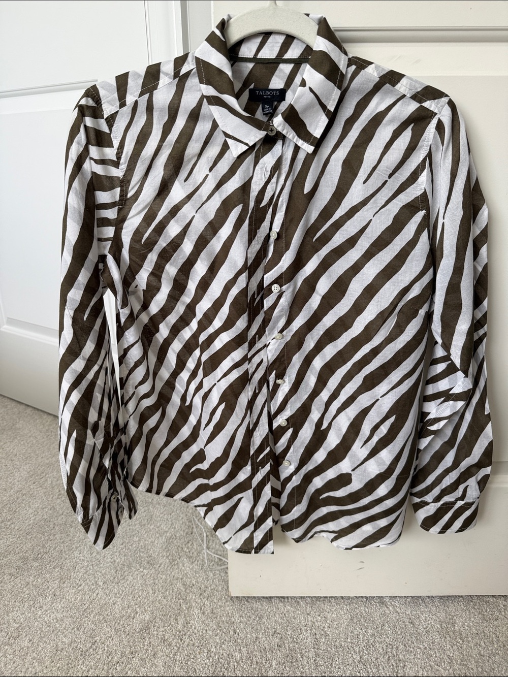 Talbots White and Brown Zebra-Print Button Front Shirt